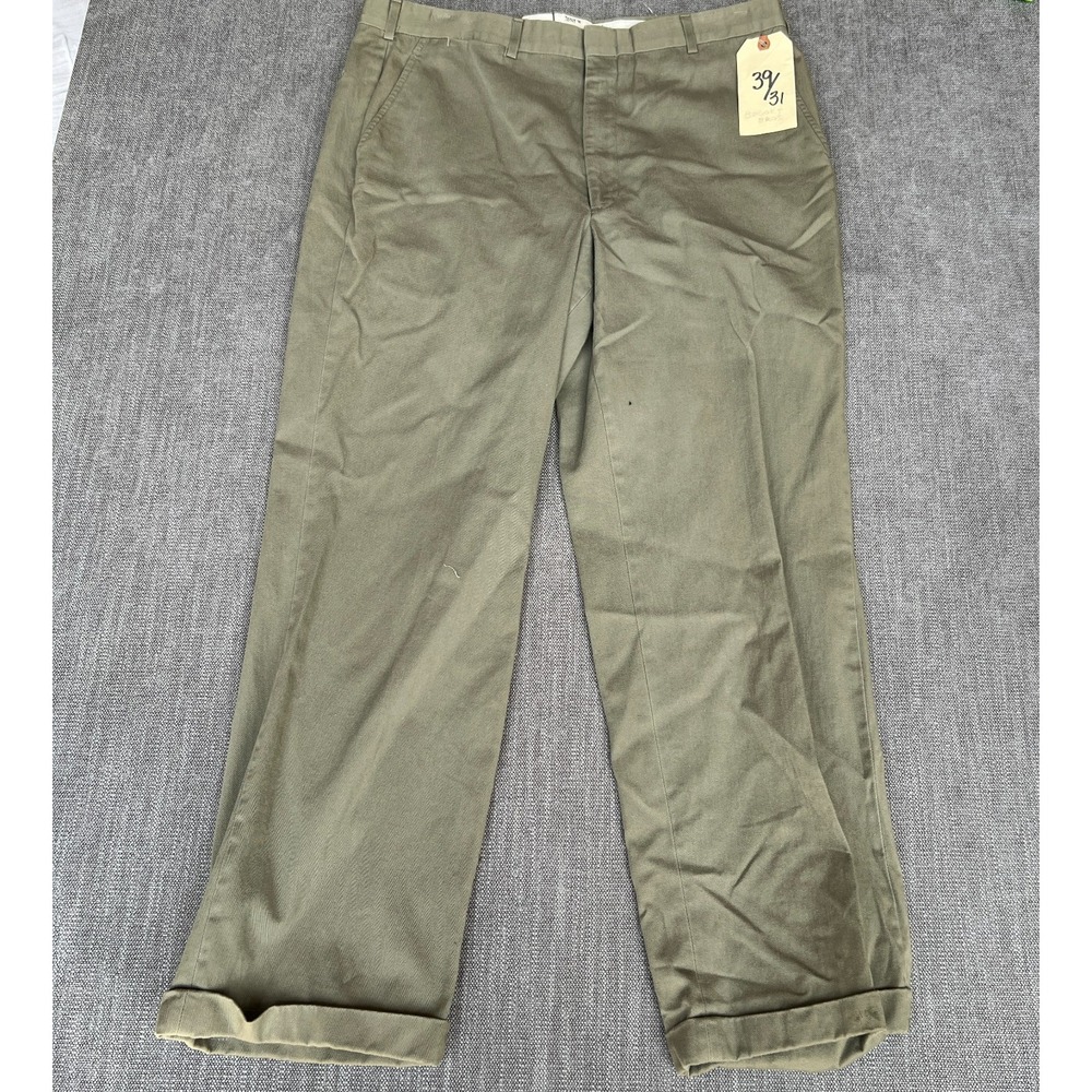 Brooks Brothers Chino Pants Mens 39x31 Olive Green Twill Flat Front Cuffed Ankle